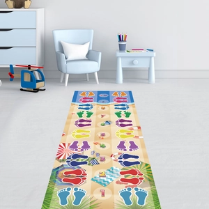 Detail of colorful hopscotch play mat with numbered footprints for kids playroom decor