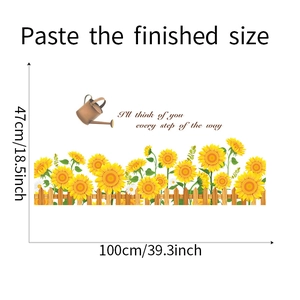 Detail der selbstklebenden Sonnenblumen-Zaun-Wandaufkleber mit englischem Zitat und Maßen
