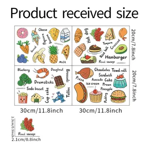Detailed size chart for cartoon food stickers including 30x20cm dimensions and icon scale