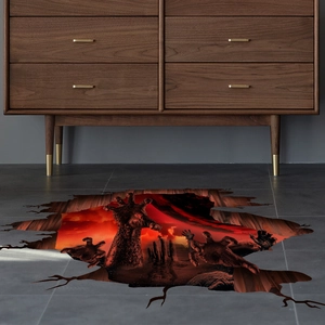 Detailed 3D floor sticker showing realistic lava and zombie hands for Halloween decor