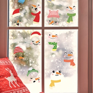 DIY Christmas snowman window stickers featuring cute facial expressions and colorful hats