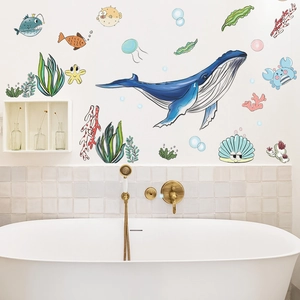 Cartoon blue whale and ocean creatures wall stickers for bathroom tile decoration