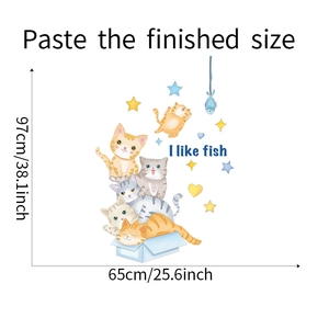 Detailed dimensions of cartoon cats and fish wall sticker for kids room decor