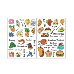 Detail view of 4-sheet set cartoon food stickers featuring fruits and dessert illustrations