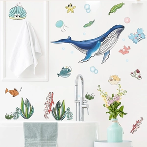 Cartoon blue whale and coral sea life wall stickers for bathroom glass decor