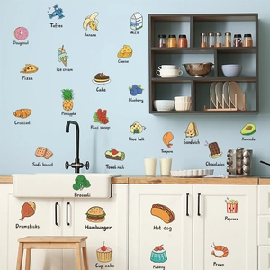 Detail view of cartoon food stickers like pizza and donuts on a modern kitchen wall
