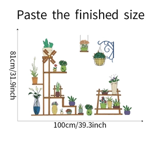 Detail view of retro green plant wall stickers with specific dimensions 81cm by 100cm