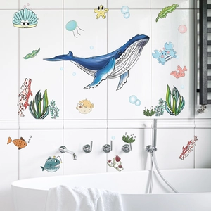 Cartoon blue whale and coral reef wall decals for bathroom tile decor and home styling