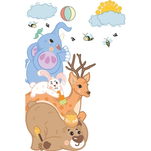 Cartoon animal wall stickers featuring an elephant, bear, and deer for kids' room decor