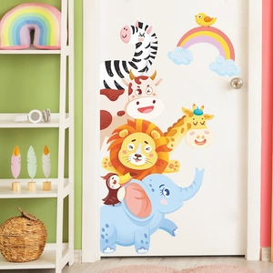 Cartoon animals rainbow wall stickers on white door for kids room decoration