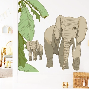 Elefant Und Tropische Blätter Wandaufkleber PVC Selbstklebend Nordischer Stil Tier Wandtattoo Für Kinderzimmer Haus Deko