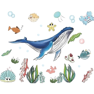 Cartoon blue whale ocean world wall decals with coral and sea life for bathroom decor