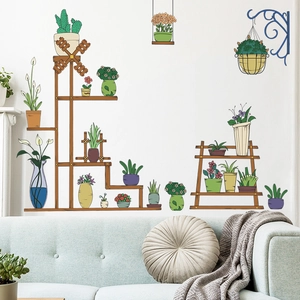 Self-adhesive retro green plant wall sticker with wooden stand for home decoration