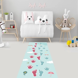 Detail of children's blue long play mat with hand and foot prints for sensory balance games