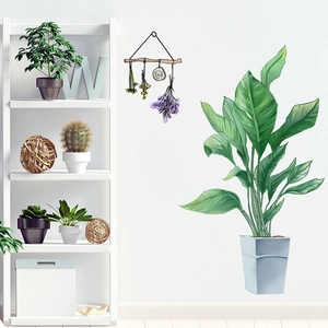 Tropical green potted plants wall decals set for living room and home decor