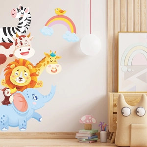 Cartoon animal stack and rainbow wall stickers for kids nursery room decor
