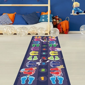 Detailed view of solar system hopscotch runner rug with colorful footprints for kids room