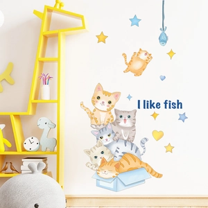 Cartoon cats wall sticker set with fish theme for children room decoration