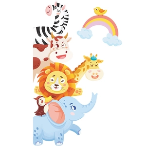 Cute cartoon animal stack wall sticker with rainbow for nursery and kids room decor
