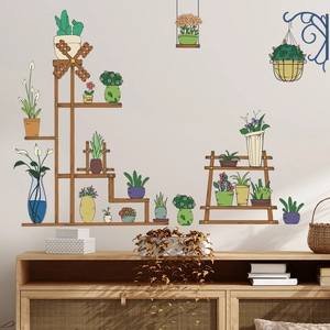 Vintage green plant succulent wall stickers with hanging baskets for home wall decor