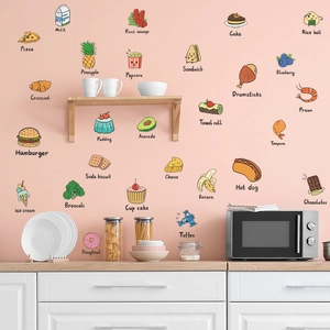 Cartoon food wall stickers set featuring pizza and fruit for kitchen and kids room decor
