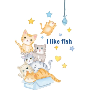 Cartoon cats stacking wall sticker with stars and fish for children's room decoration