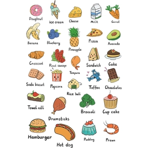 Cartoon fruit and vegetable wall stickers featuring 28 food icons for kitchen decor