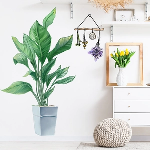 Tropical green plants wall sticker set with hand-painted leaves for home wall decoration