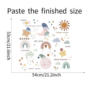 Detailed size chart for cartoon moon and star wall stickers showing 53x54cm dimensions