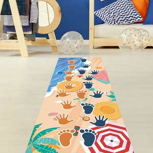 Long non-slip beach themed kids play mat with colorful handprints and footprints