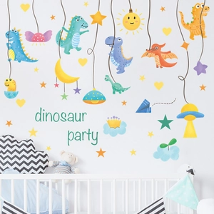 Cartoon dinosaur party wall stickers with stars and planets for cozy nursery room decoration
