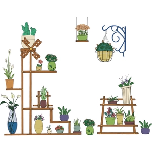 Self-adhesive retro green potted plant wall stickers for home decor on white background