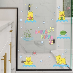 Cartoon hippo wall stickers applied on bathroom glass door for home decoration
