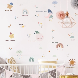 Cartoon moon star rainbow wall decals for nursery with soft Morandi pastel colors