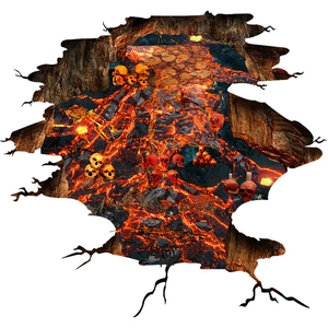 3D Halloween floor sticker featuring scary skulls, flaming lava, and broken wall effect