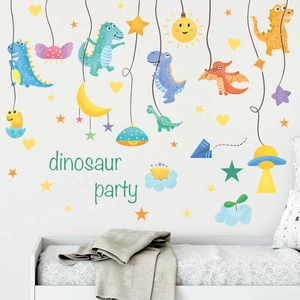 Cartoon dinosaur party wall stickers with watercolor style for kids room wall decoration