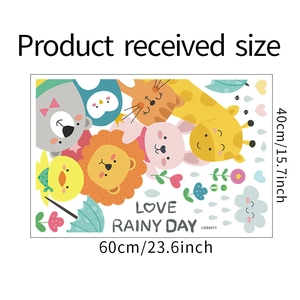 Detailed dimensions of cartoon animal wall stickers featuring lion and giraffe motifs