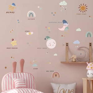 Detail of cartoon moon star and rainbow wall decals for nursery with sweet dreams text