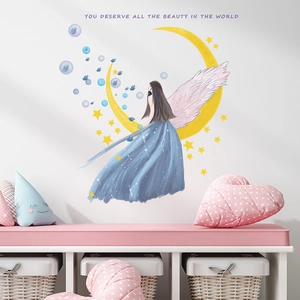 Cartoon moon princess wall sticker with stars and butterflies for girls' bedroom