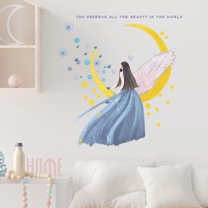 Whimsical moon princess and blue butterfly wall stickers for children's room decoration