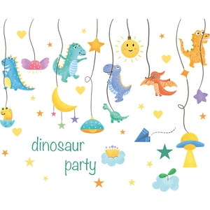 Cartoon dinosaur party wall stickers with T-Rex and stars for kids room decor