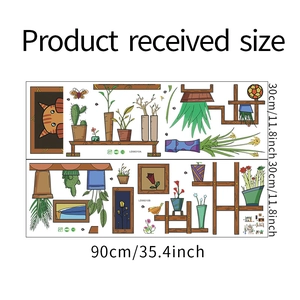 Detailed size chart showing 30x90cm PVC wall sticker with cats and potted plants