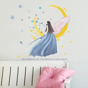 Dreamy moon princess wall decal with fairy wings and stars for kids' bedroom decor