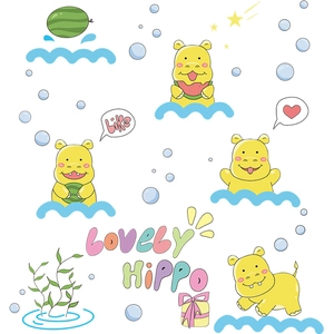 Cartoon yellow hippo wall decals with eating watermelon and swimming patterns