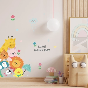 Cartoon animal wall decals with giraffe and lion for minimalist kids room decoration
