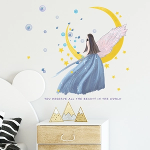 Cartoon moon princess wall decal with fairy wings and star dress for kid's room decor