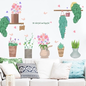 Détails des stickers muraux plantes vertes, succulentes en pot et motifs papillons