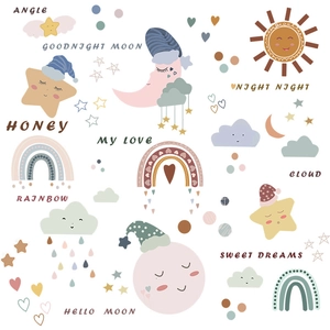 Cartoon moon star rainbow wall stickers set in Morandi tones for children room decor