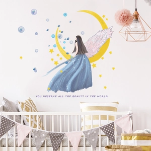 Dreamy Cartoon Moon Princess Girl With Wings Wall Sticker PVC Self-Adhesive Star Butterfly Decal For Kids Room Nursery Home Decor