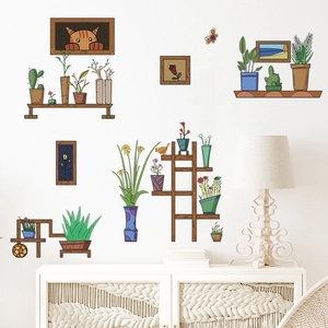 Vintage potted plants and cartoon orange cat self-adhesive wall stickers for home decor